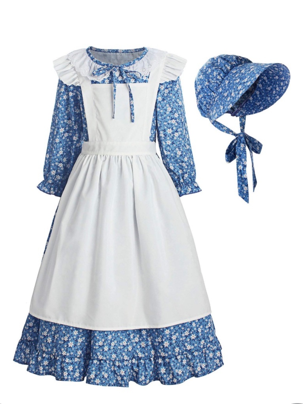 NWOT Royal Blue Floral Prairie Colonial Costume Dress, Bonnet & Apron